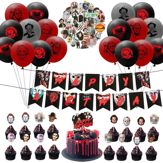 101P Horror Movie Characters Party Kit,Horror Characters Banner,Balloons,Sticker,Birthday Cupcake Toppers for Boys Girls Adults Halloween Birthday Party Supplies