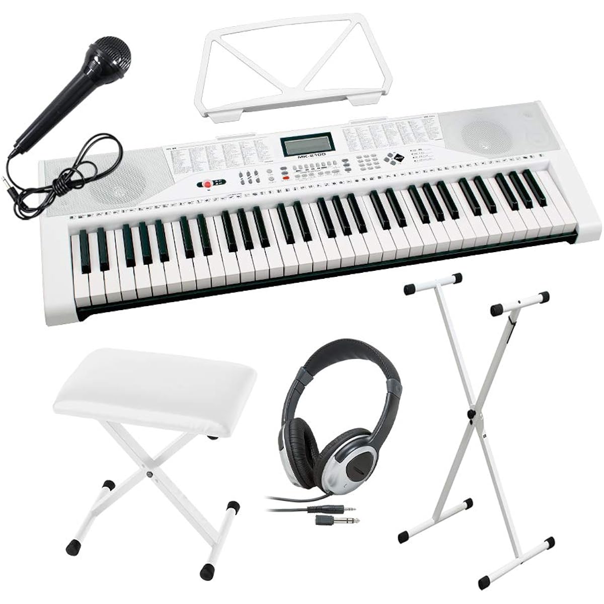 JOY MK-2100 White stand, white chair, headphone set 61 keys with microphone and music stand Joy keyboard electronic piano