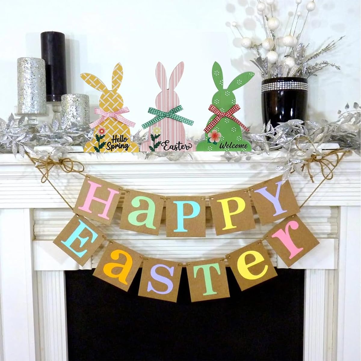 DECSPAS Easter Decorations 3 Pieces Pink Yellow Green Wood Easter Bunny Blocks Set Easter Decoration Large Ribbon Adorable Pattern Festive Sign Easter Table Decoration Centerpiece for Mantel Shelf