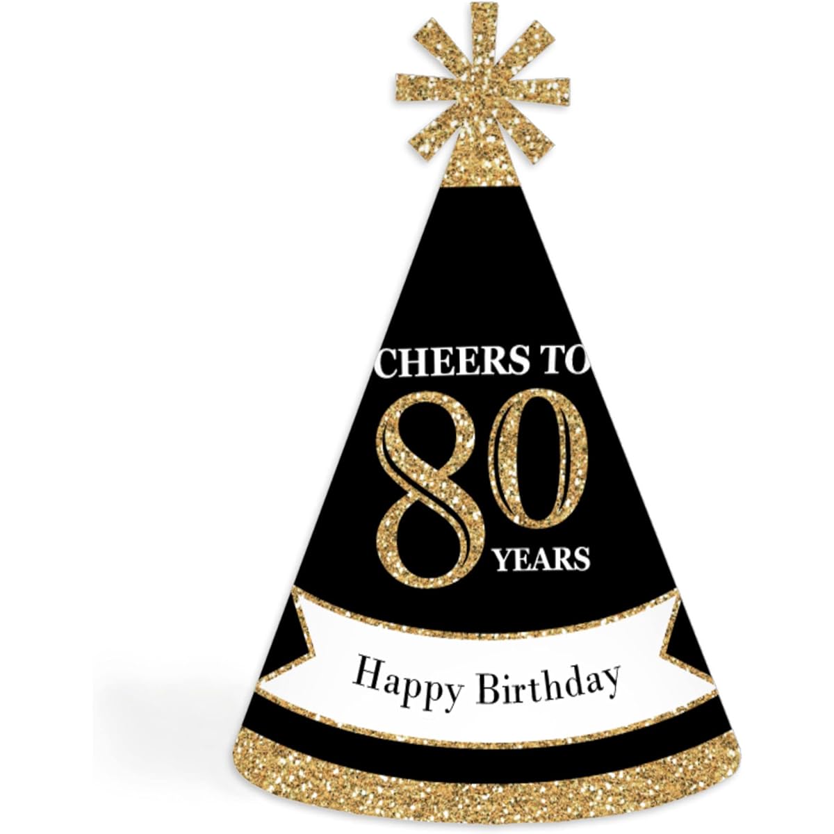 Adult 80th Birthday - Gold - Cone Birthday Party Hats - Set of 8 (Adult Size)