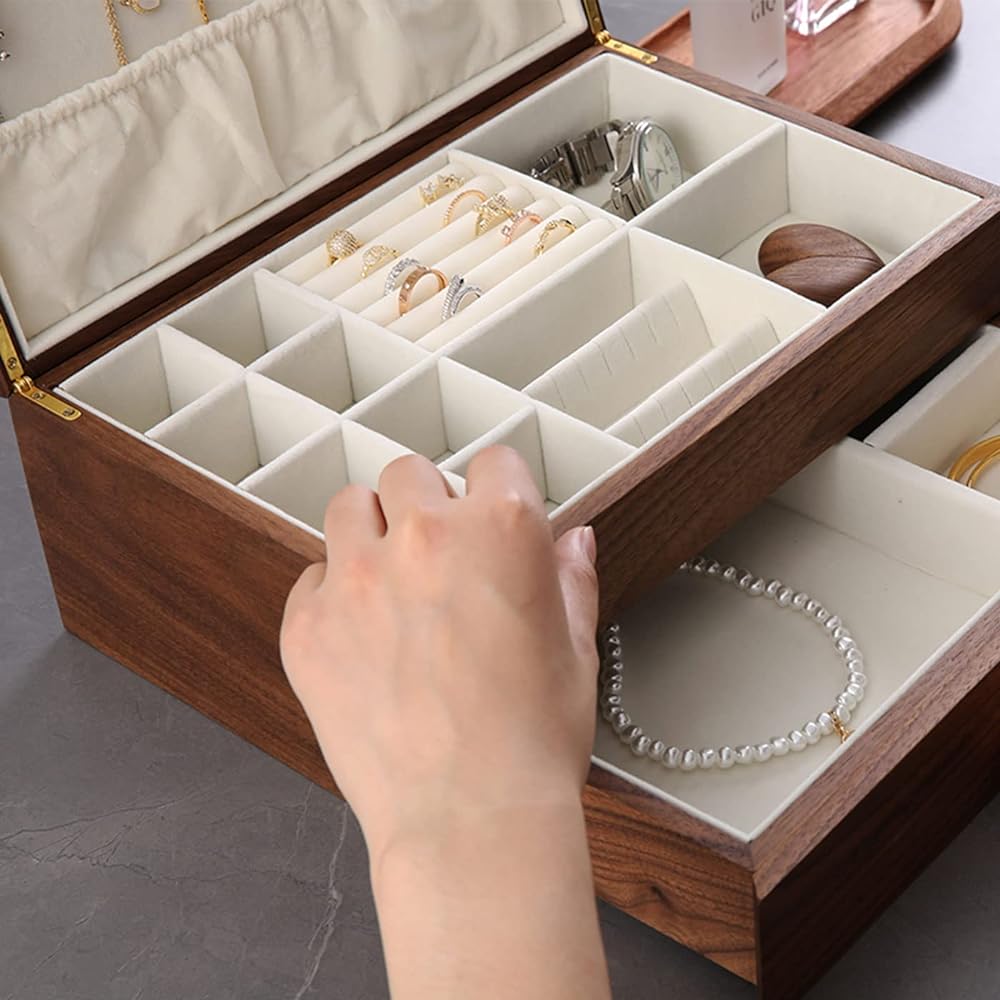 High-end solid wood jewelry storage box ladies retro wooden necklace jewelry bracelet watch display box handmade birthday wedding jewelry box (double layer)