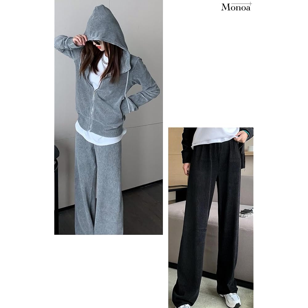 Monoa Jersey Top and Bottom Set Women's Long Sleeve Zip Up Hoodie Sweat Pants Corduroy Style Setup