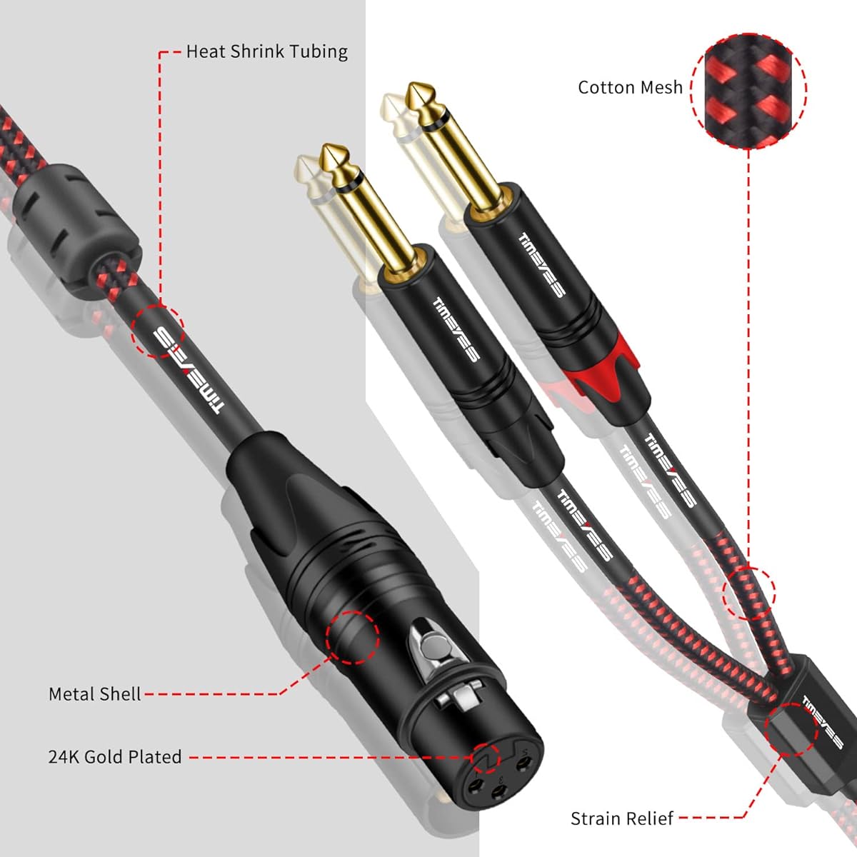 TIMEYES 1/4" to XLR Microphone Cable 10ft XLR Female to Dual 6.35mm TS Mono Audio Cable - Dual 1/4" to XLR Mic Y Splitter Cable - XLR to 2 x 6.35mm Unbalanced Breakout Adapter Cord - 3M