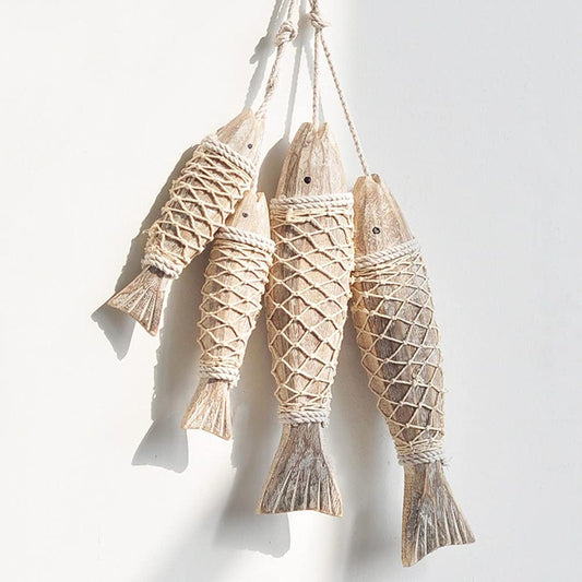Vintage Wooden Fish Hanging Wood Fish Fishnet Decoration Hand Carved Nautical Ornament Home Wall Decor Hanger Gift - Small