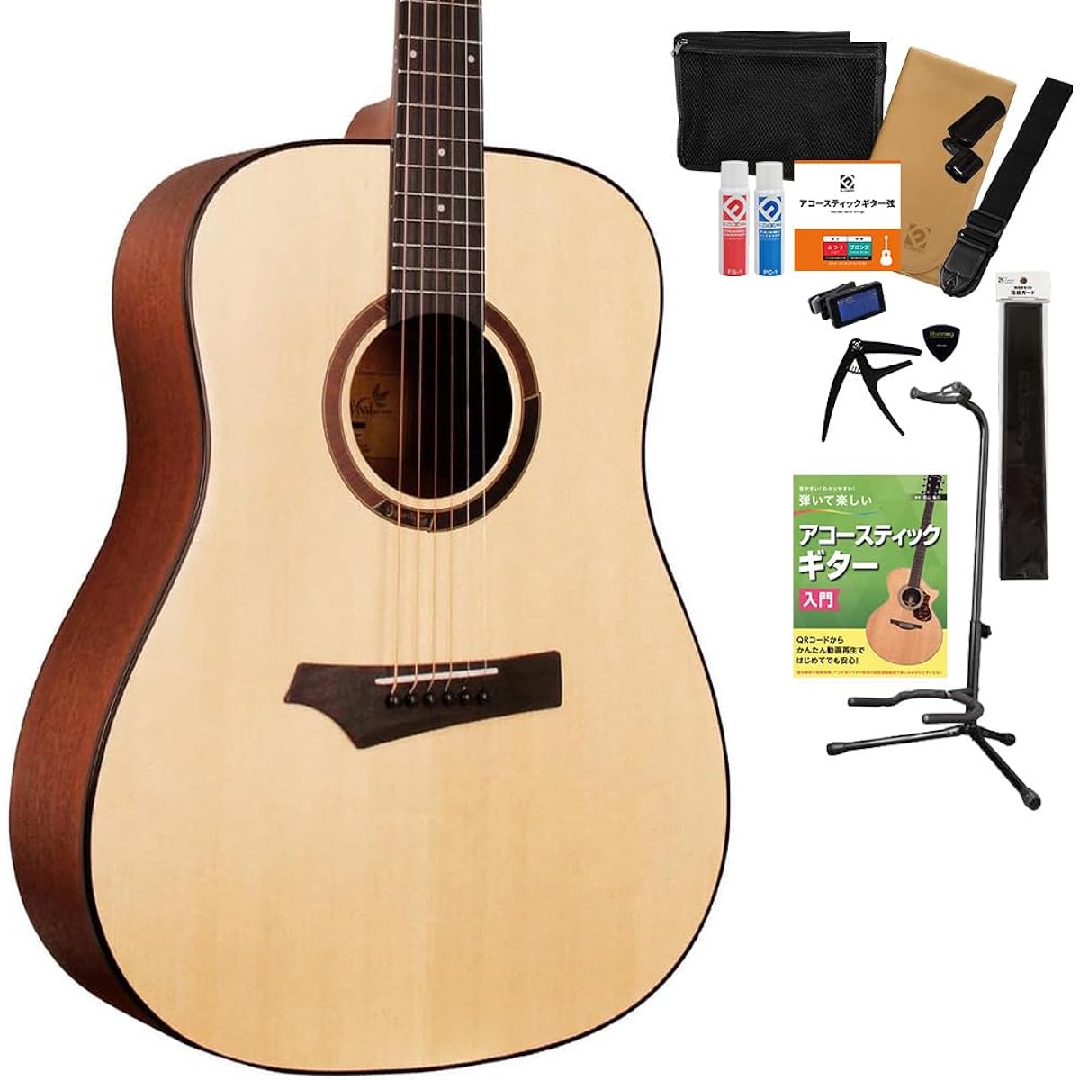 Gopher Wood Guitars i100 Acoustic Guitar 15-piece Select Set with Textbook and Maintenance Supplies Beginner Set Dreadnought Gopher Wood Guitars