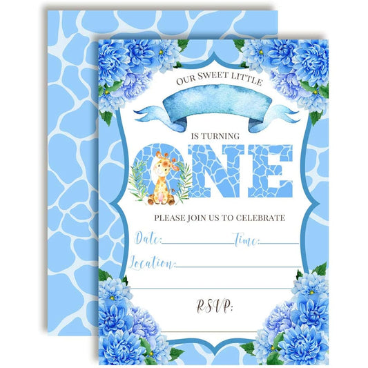 AmandaCreation Watercolor Dahlia Floral Cute Giraffe Boy's First Birthday Party Invitation 5"x7" Includes 20 Cards and 20 White Envelopes