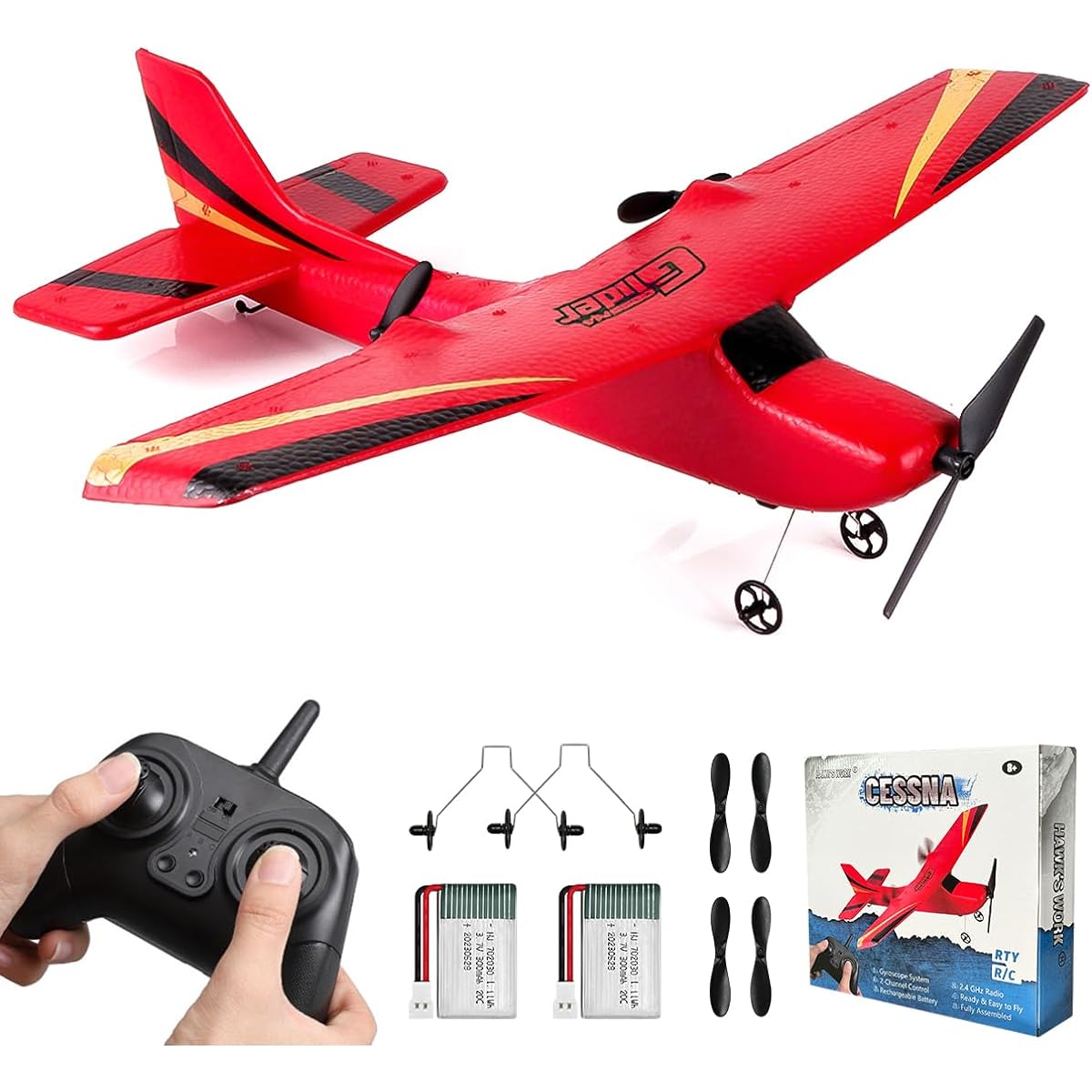HAWK'S WORK Radio Controlled Airplane, 2.4GHz RC Airplane Electric and Easy to Fly Radio Controlled Glider for Kids and Beginners (Red)