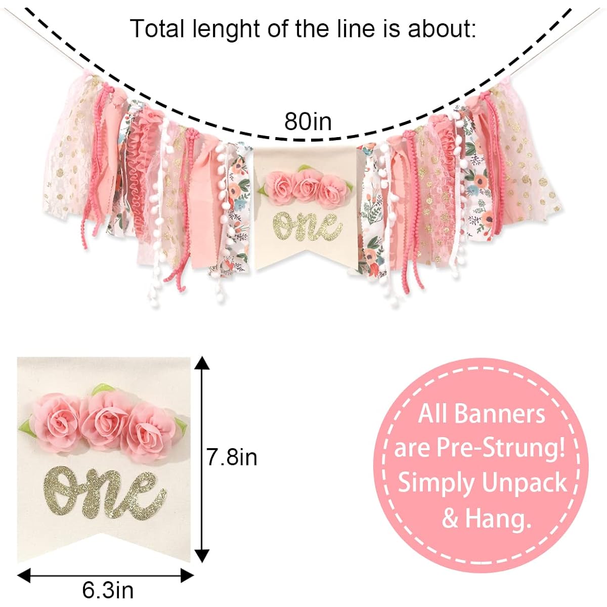 Girls High Chair Banner - Floral Birthday Party Decoration Rustic High Chair Banner for 1st Birthday Girls Cake Smash Photo Props Gold 1st Birthday Sign (Flower One Banner)