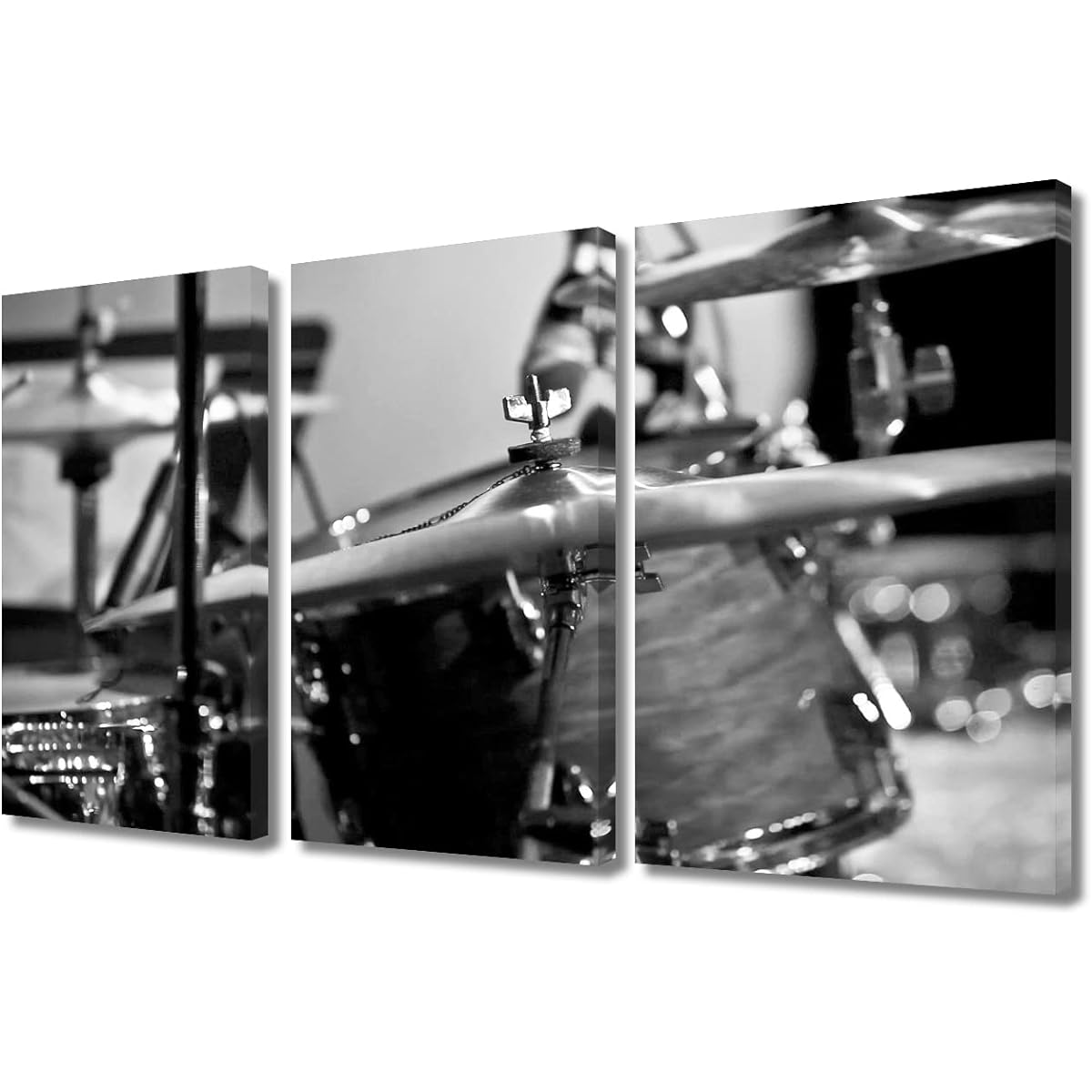 TUMOVO 3 Panel Canvas Wall Art Music Drum Set Jazz Drum Kit Modern Percussion Instruments Home Decor Music Drum Kit Black Wall Art Giclee Picture Stretched Framed Ready to Hang 36"W x 24"H