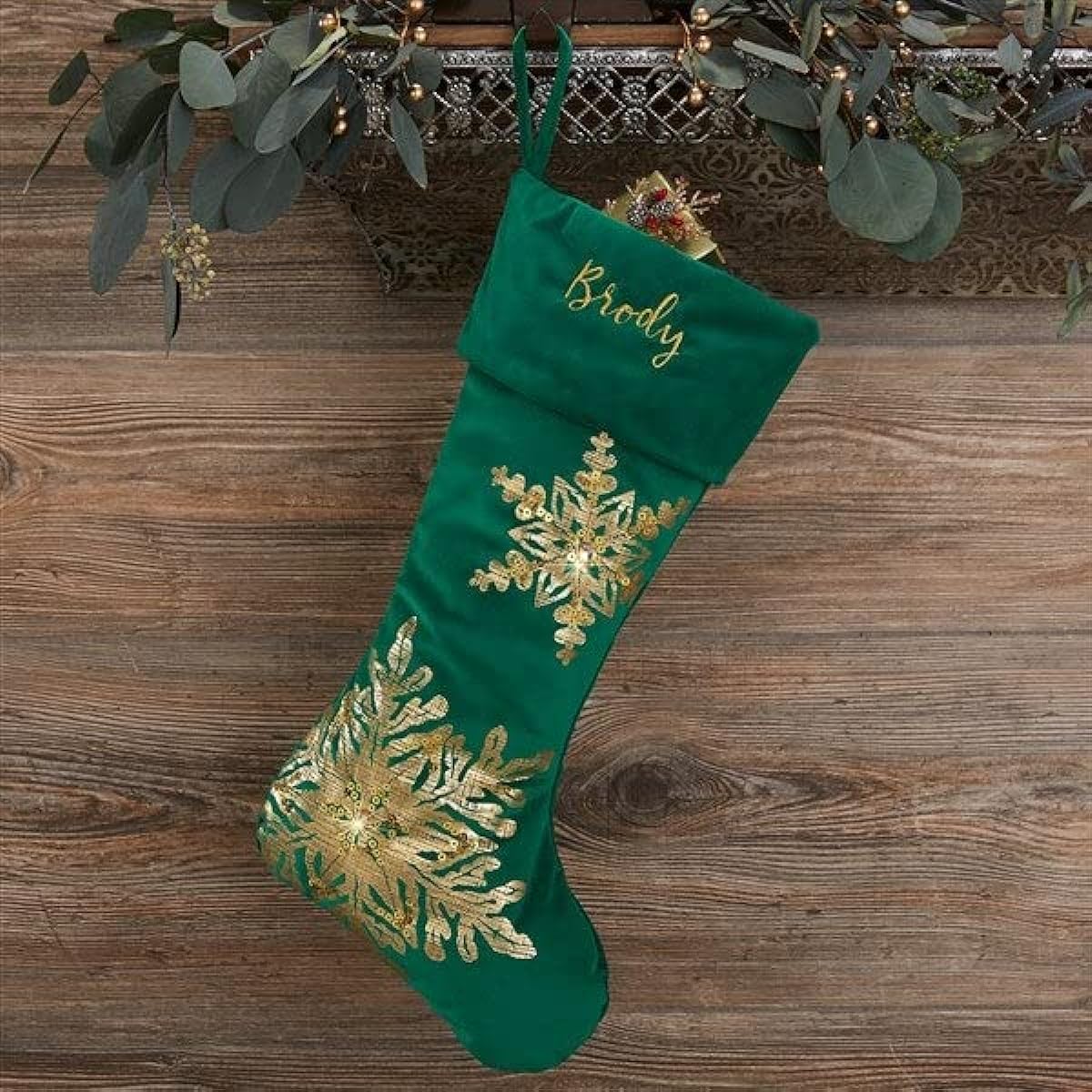 Personalization Universe Shiny Snowflake Personalized Green Christmas Stocking
