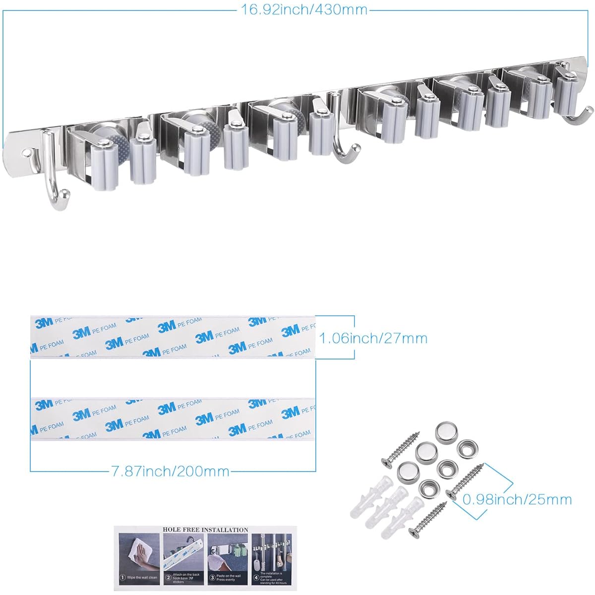 Hejo Broom and Mop Hanger, Stainless Steel Wall Broom Holder with 6 Positions and 3 Hooks, Mop Hanger Organizer for Kitchen, Bathroom, Garage, Garden