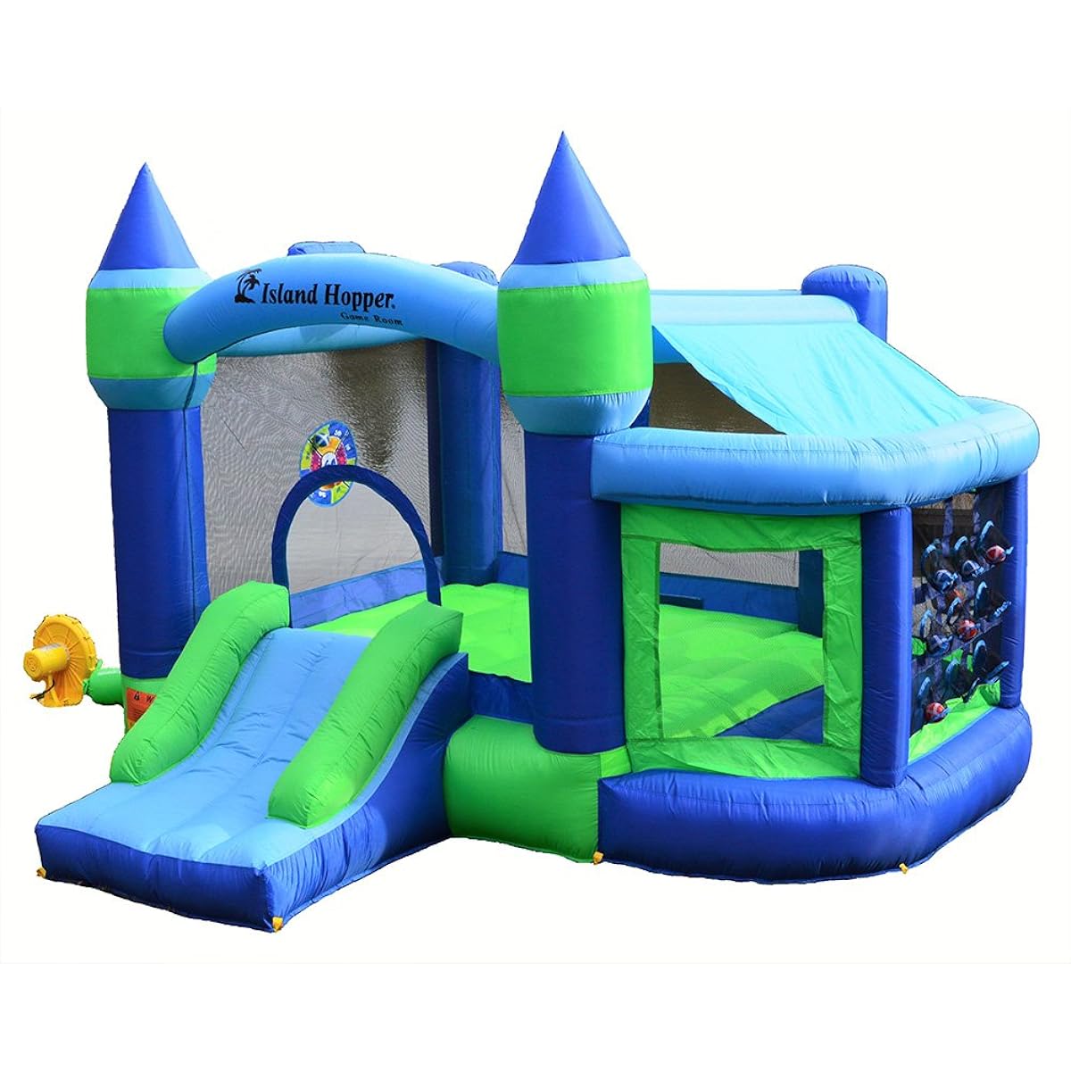 Island Hopper Game Room with Shade Canopy - Recreational Kids Bounce House with Padded Floor Side Room, Basketball, Target Throw, Tic-Tac-Toe