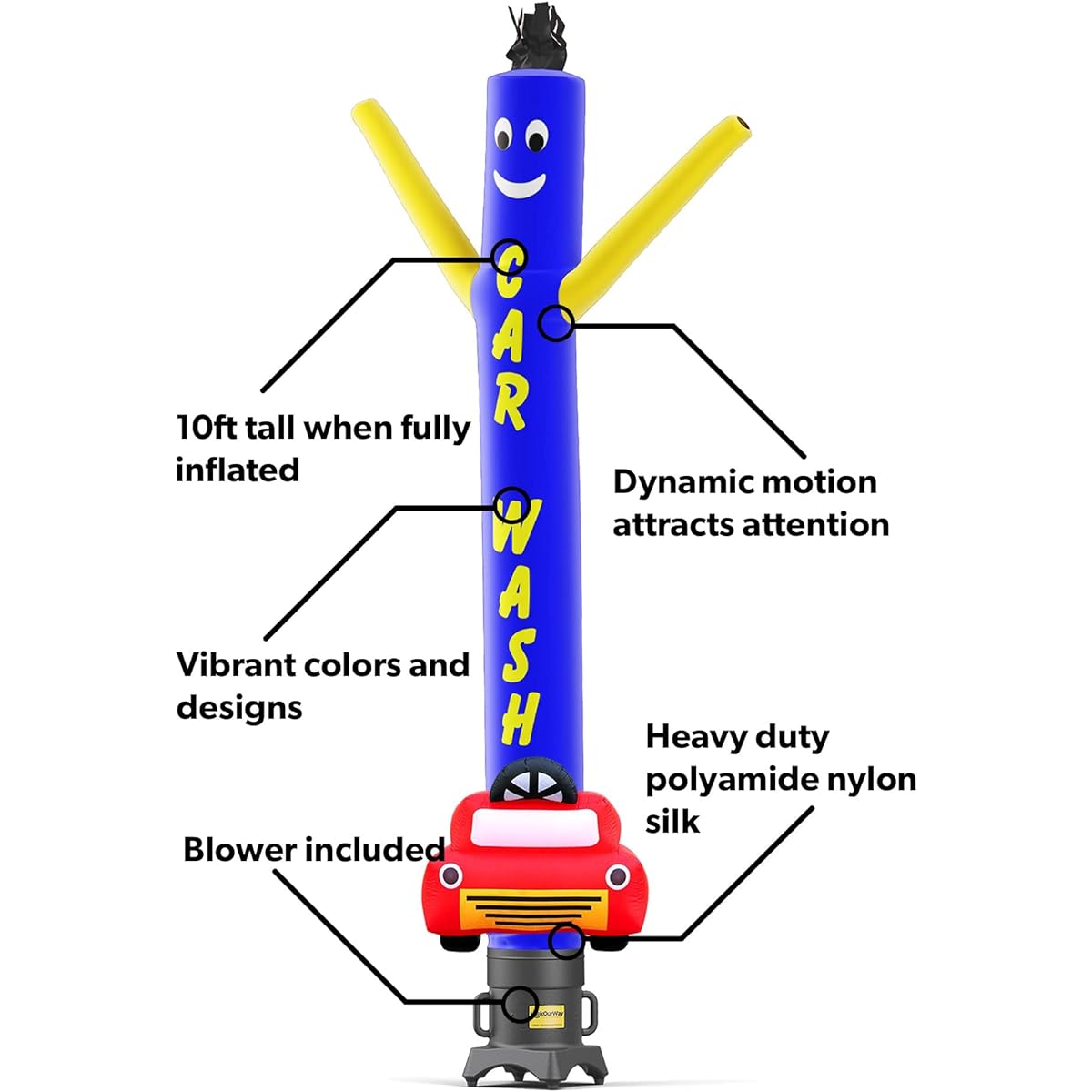 LookOurWay Air Dancer Inflatable Tube Man Set - 10' Tall Wacky Shaking Inflatable Dancing Tube Guy with 12" Diameter Blower for Business Promotion - Car Wash Theme - Car Wash Mold