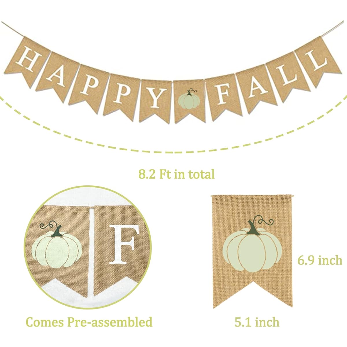 Cmaone Happy Fall Burlap Banner Green Pumpkin Garland Harvest Home Decor Bunting Flags Fall Party Thanksgiving Decorations