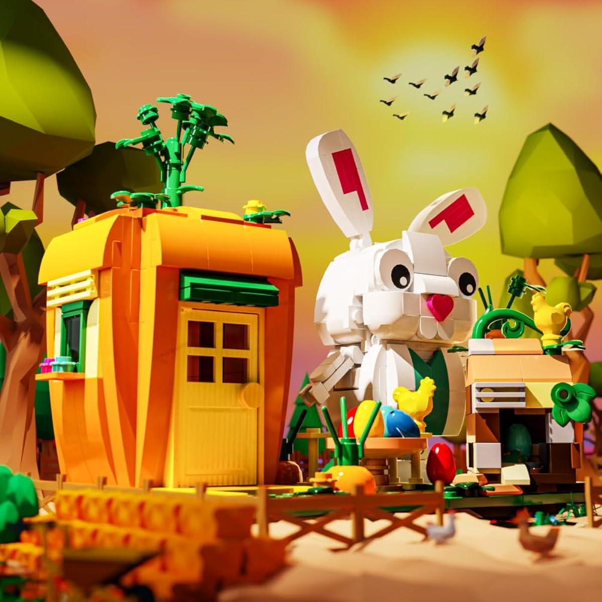 RiceBlock Easter Bunny Building Playset with Carrot House and Colorful Building Block Eggs, Easter Gift for Kids Ages 6+, 414 Pieces