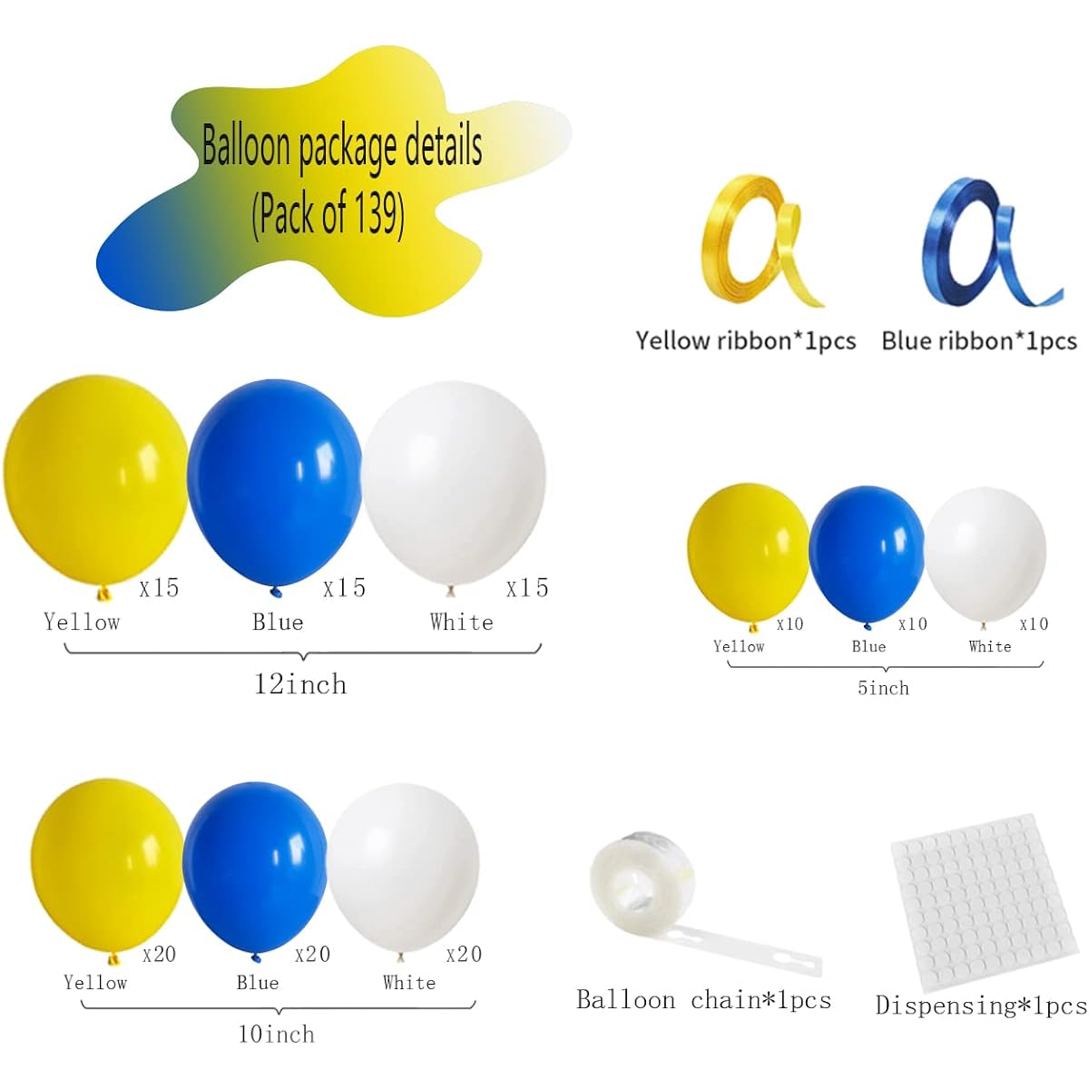 Blue Yellow White Balloon Garland Kit - 139pcs Matte Blue White Yellow Balloons for Birthday Wedding Baby Show Graduation Decorations
