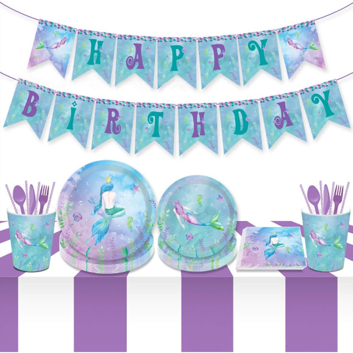 d Party Supplies Serves 8, Mermaid Dinner Plates, Mermaid Dessert Plates, Mermaid Banner, Cups and Napkins, Perfect for Mermaid Theme Party, 1st Birthday, Baby Shower, Picnic, Thanksgiving, Christmas, Home Party, Wedding, Celebration, Festival, 61 Pieces