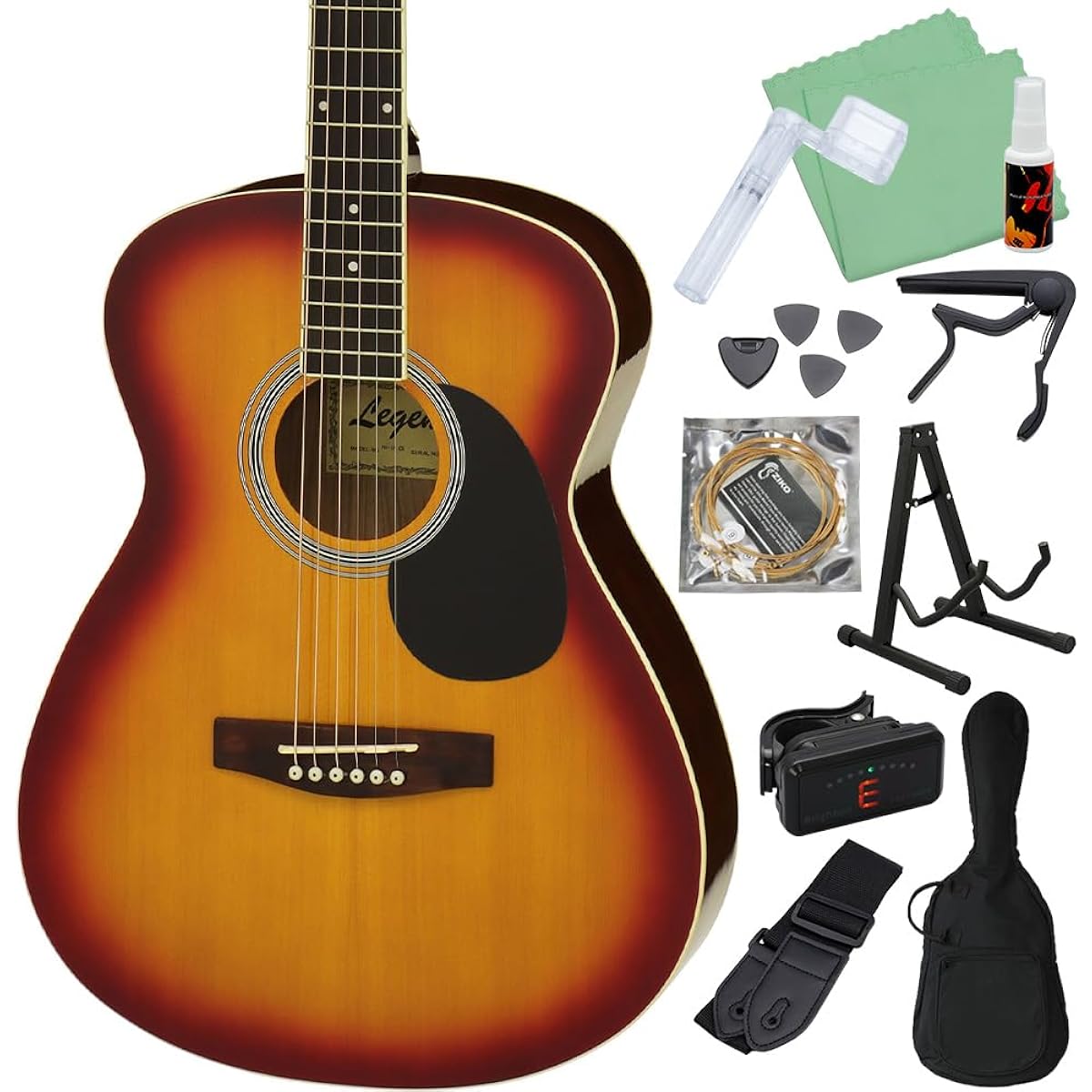 LEGEND FG-15 Cherry Sunburst Acoustic Guitar Beginner Set 12 Piece Set Legend