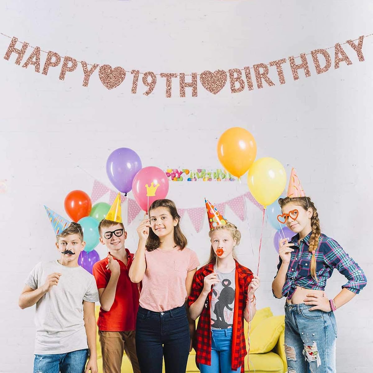 Rose Gold 19th Birthday Banner Glitter Happy 19th Boy or Girl Party Decoration