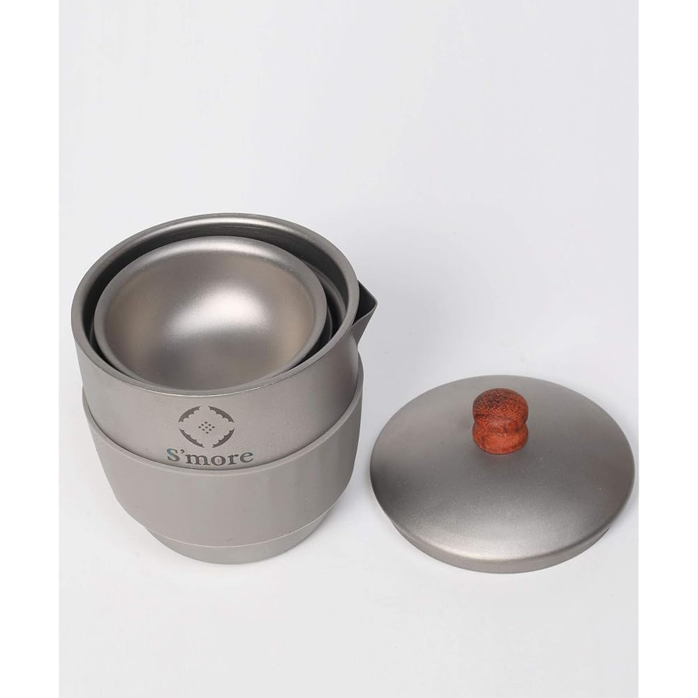 S'more Titanium Tea Coze Titanium Outdoor 5-piece Set Compact Camping Cutlery Picnic Barbecue Portable Tableware Storage Case Included [Total 5-piece Set Includes Teapot, Strainer, and 3 Cups]