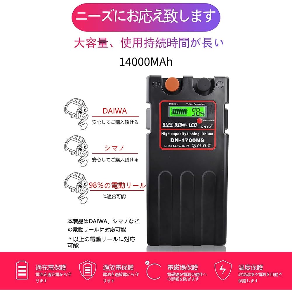 Daiwa Shimano Electric Reel DN-1700NS Super Lithium Compatible Battery Charger Set with Japanese Instruction Manual 14.8V 10400mAh~14000mAh Large Capacity