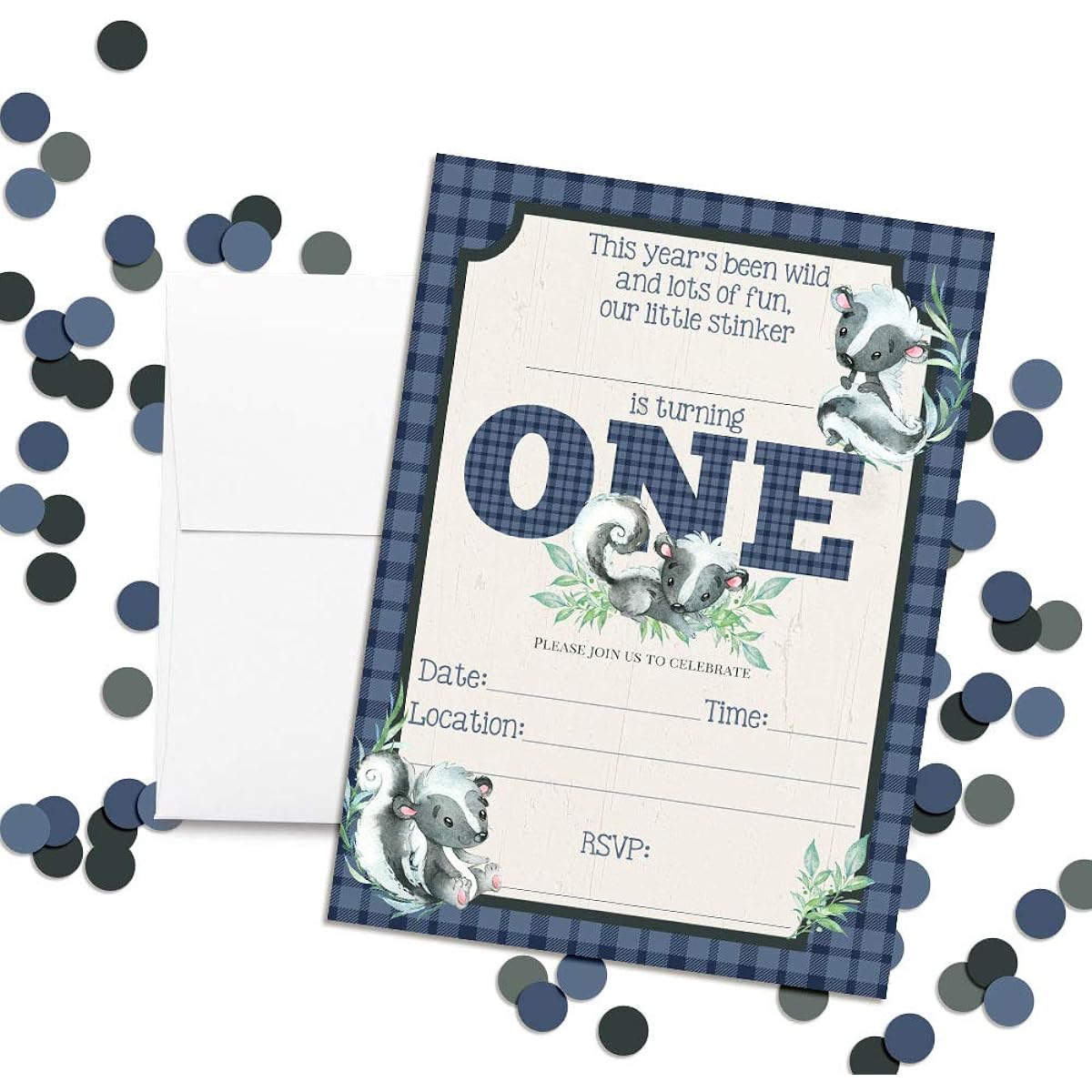 AmandaCreation Little Smelly Cute Skunk Themed First Birthday Party Invitations, 5"x7", 20 Cards, 20 White Envelopes Included