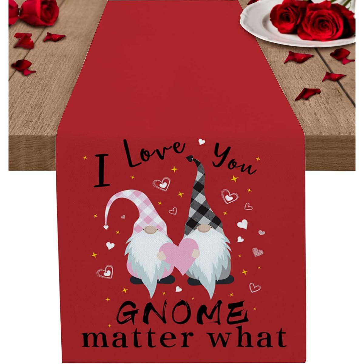 Valentine Table Runner I Love You Gnome Cotton Linen Dresser Scarf Heart Pink Black Buffalo Plaid Check Red Anti-Slip Runner Kitchen Tablecloth Holiday Dinner Party Wedding Home Decor