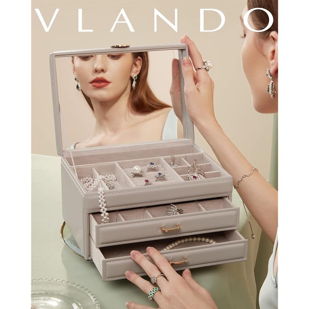 Vlando Jewelry Box Large Capacity with Mirror Accessory Case Drawer 3 Layer Jewelry Case Earrings Storage Accessory Case Necklace Ring Earrings Girls (Gray, Mirror-Petals)