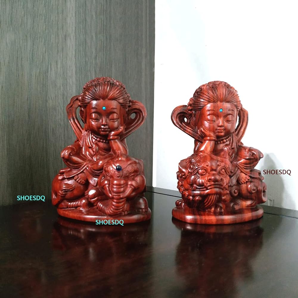 Buddha Statue Manjusri Bodhisattva Fugen Bosatsu Seated Statue (Wooden: Small Leaf Rosewood) Wood Carving Ornament Set of 2 Amulets Twelve Zodiac Guardian Buddha (Height 10cm x Width 7.5cm x Depth 5cm)