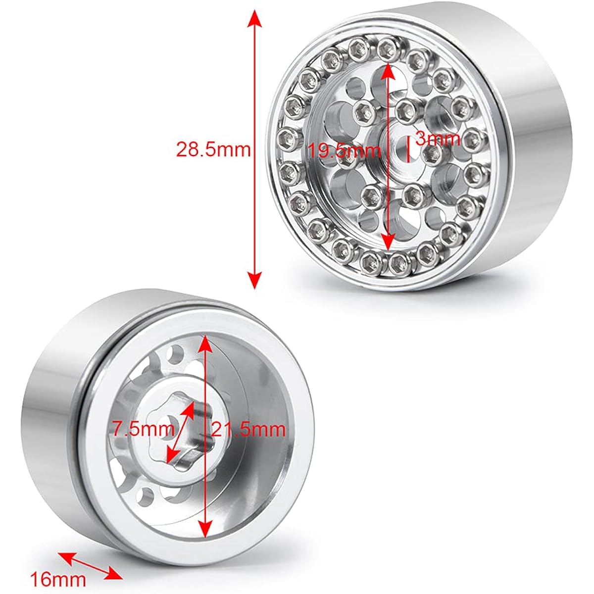 CNC Aluminum Beadlock Wheel Rims Set of 4 for 1/24 Axial SCX24 90081 RC Crawler (Silver)
