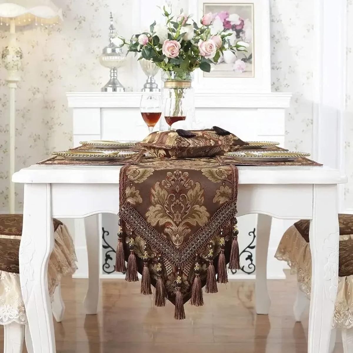 JAIJY French Country Luxury Floral Table Runner with Beaded Tassels Kitchen Decor Silk Blend Tea Table Runner (Coffee, 13" W x 69" L)
