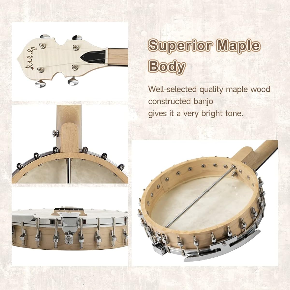 Mulucky 5 String Banjo, Full Size, with 24 Brackets, Open Back, Maple Banjo with Remo Head, 5th Tuner with Gears, Gift Package with Beginner Kit - MB1101