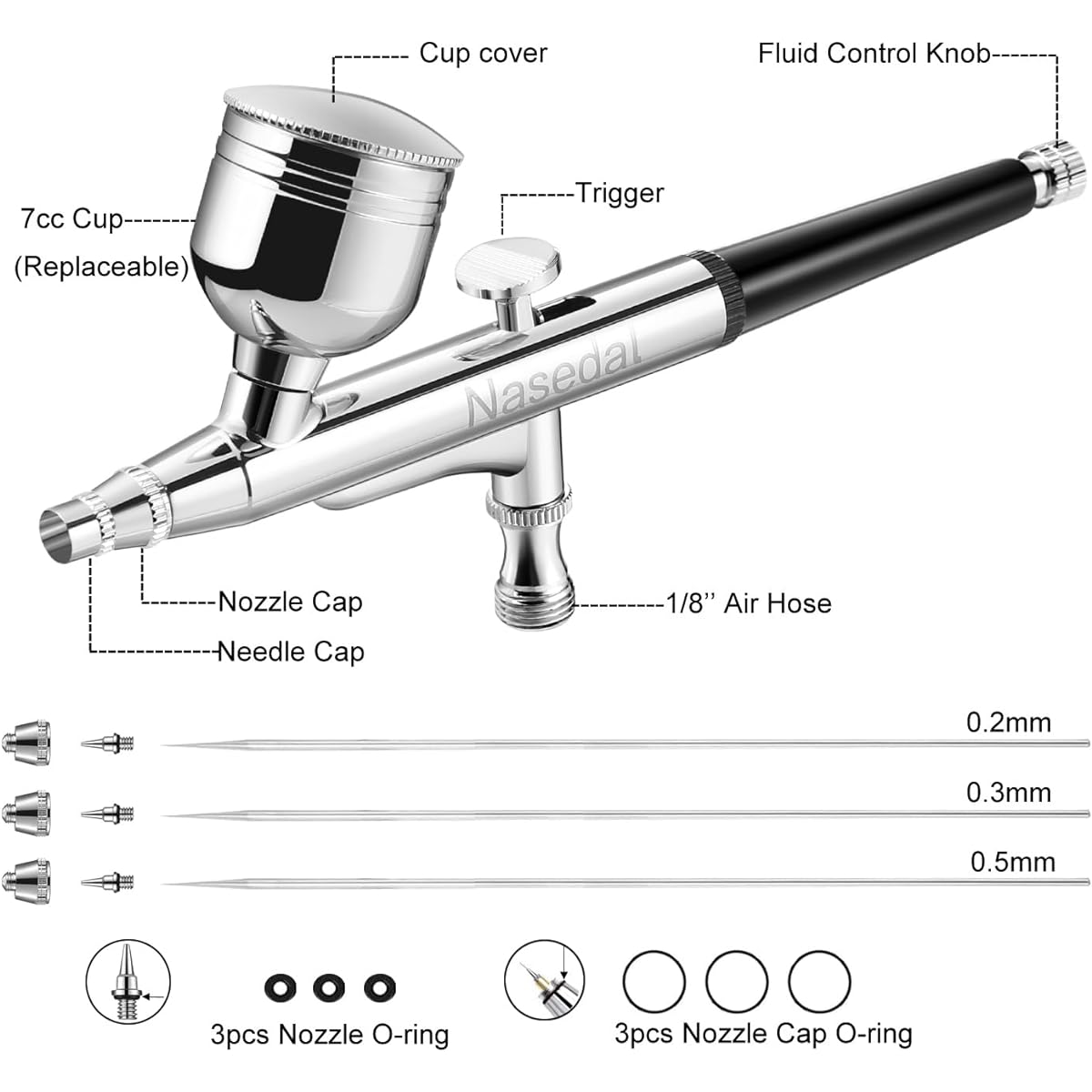 Professional Dual Action Airbrush Kit with 7cc 20cc 40cc Cup 1/8"-1/4" Adapter 6ft Airbrush Hose 0.2/0.3/0.5mm Nozzle Needle for Model Painting Cake Decoration Tattoo Makeup Art Craft Nail Design