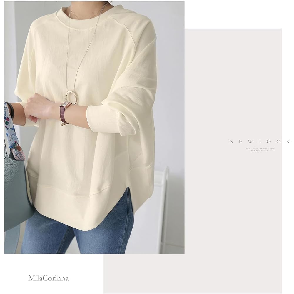 [MilaCorinna] Women's Sweatshirt, Sweatshirt, Long Sleeve, Dolman Sleeve, Big Pullover, Women's, Long T-shirt, Crew Neck, Cut and Sewn Top, Cotton, Autumn, Casual, Office, Stylish, Large Size, Plain, Loose, Cute, Commuting, Going Out, Spring, Summer, Aut