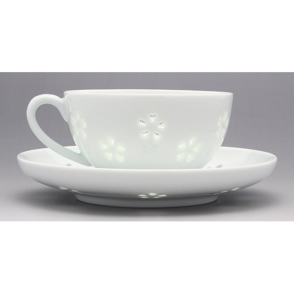 Saisei Ceramic Cup_Saucer White 120ml Hasami Ware Crystal Carved Tea Bowl Dish with Flowers