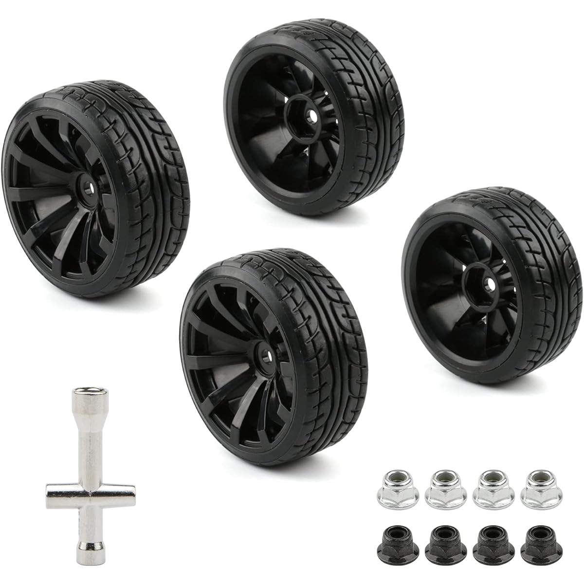 Rchobbytop 1/10 RC Drift Wheels, 12mm Hex Drift Wheels and Tires for HSP Redcat HPI Tamiya 3RACING Kyosho Traxxas Wltoys MST Exceed RC Drift Car with Flange Lock Nuts and 8 Wrenches