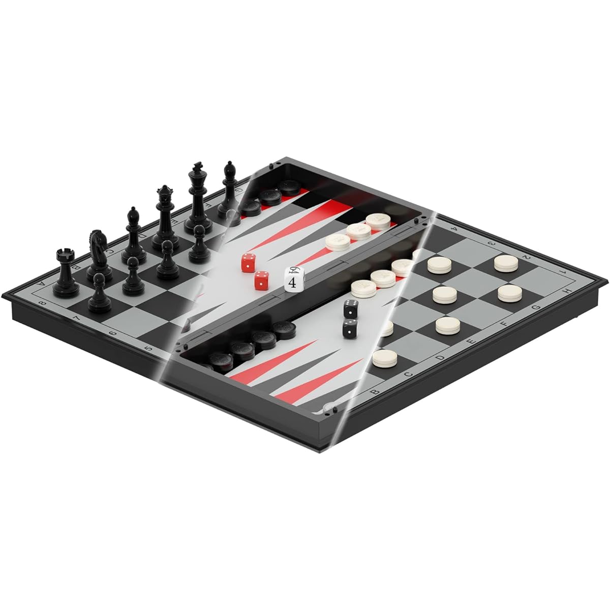 Funllection Chess Checkers Backgammon Set Magnetic 15ft Adult Family Game Night Game for Kids and Beginners (2 Extra Queens with Instructions and Storage Pocket)
