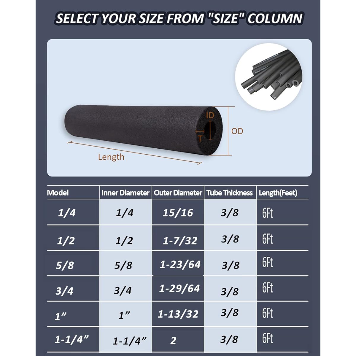 Pipe Insulation Foam Tube - 5/8" Foam Tube for AC Unit Guitar Stand Exercise Machine Handle Roof Rack (5/8" ID x 3/8" H TH-6')