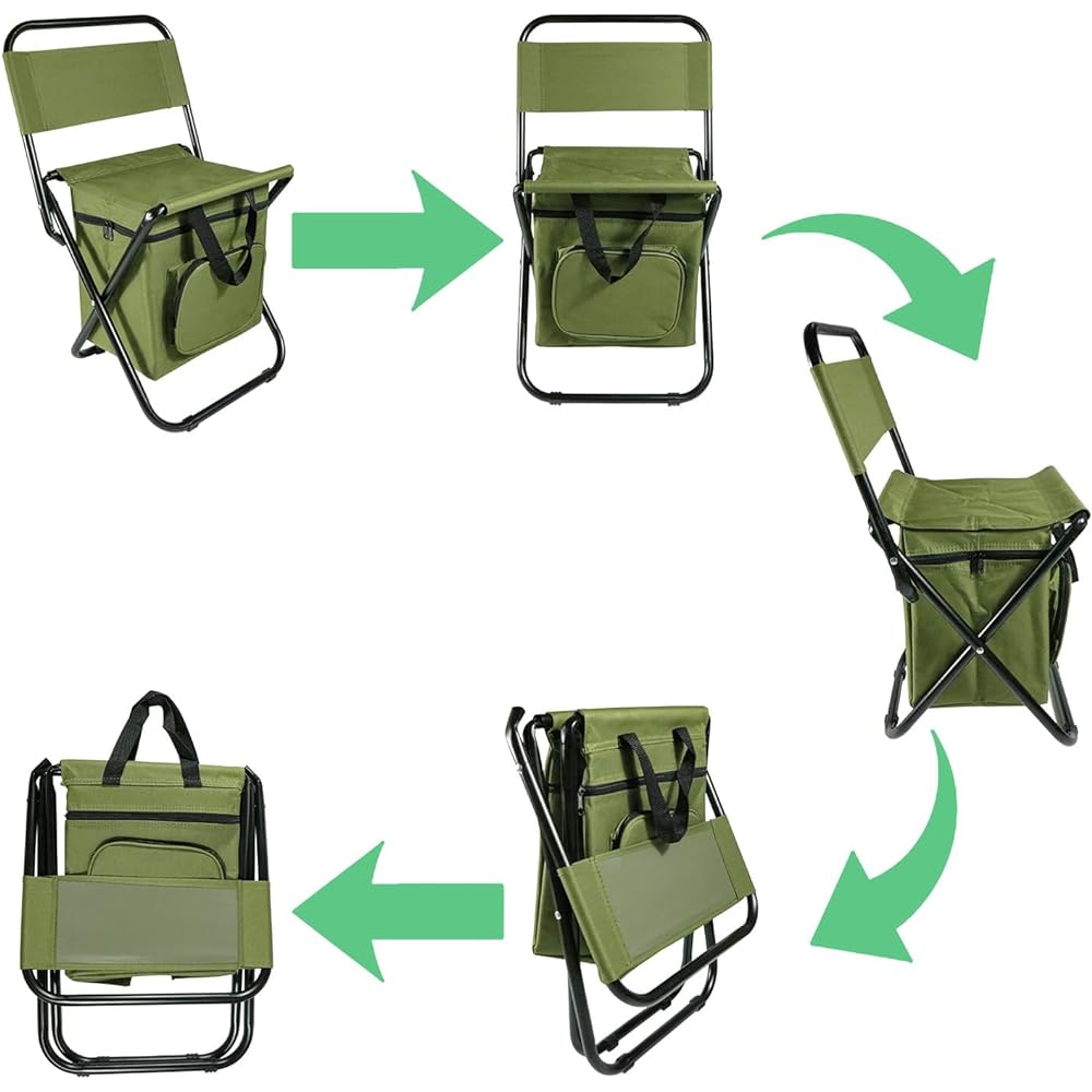 KUWAN Outdoor Chair Camping Folding Chair Compact Hiking Fishing Climbing Lightweight Compact Camping Outdoor Chair High Back Low Chair Storage Cold Bag Green