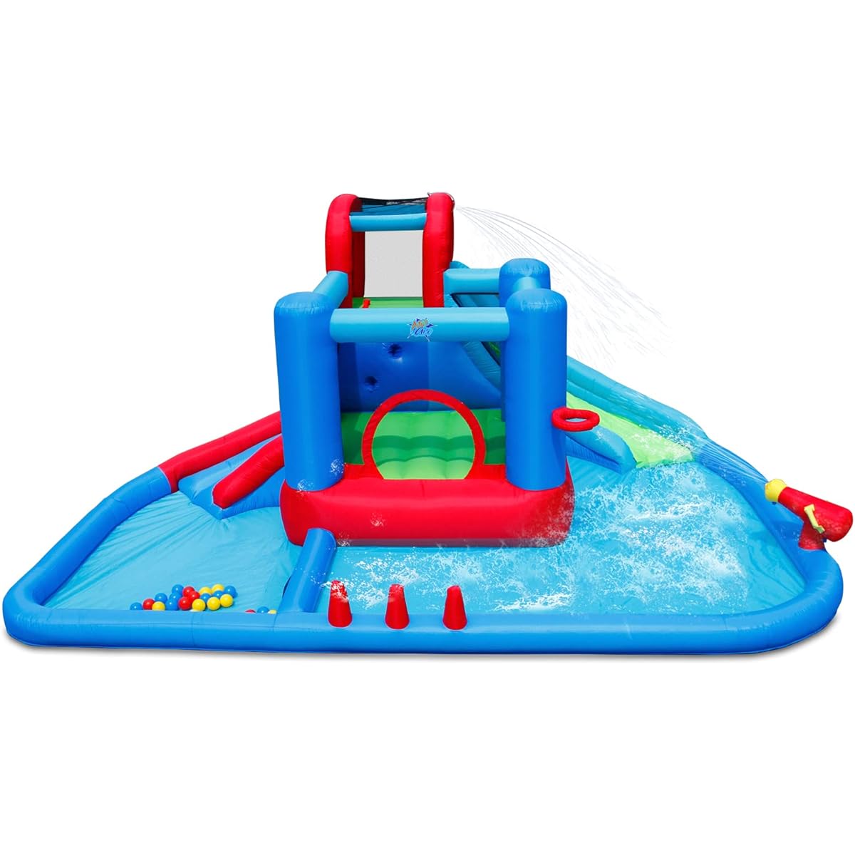 Action Air Water Slide, Inflatable Water Slide Bouncy Castle All in One Big Pool with 30 Pit Balls & 2 Dart Balls, Blue Bounce House with Double Slide for Wet & Dry, Love for Kids