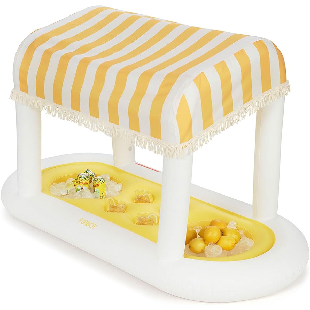 Giant Floating Yellow Cabana Striped Drink Station with Removable Fabric Shade and Fringe, Party Table Top Decoration, Perfect for In-Pool Refreshments