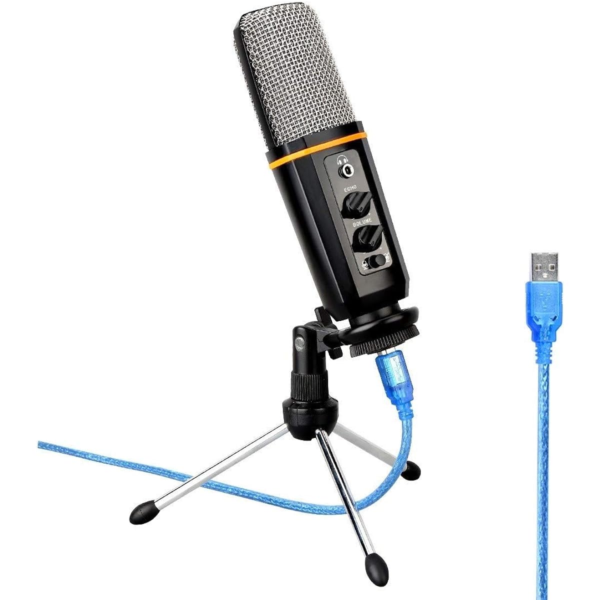 USB Professional Microphone Vocal with Built-in Sound Card Echo for Recording Live Stream Video YouTube Black