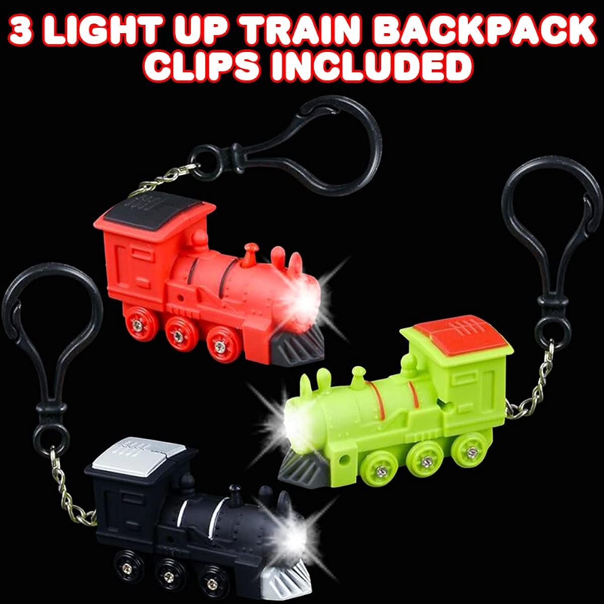 ArtCreativity Light Up Train Backpack Clips with LEDs and Sounds - Set of 3 - Fun Bag Accessories for Kids and Adults - Unique Back to School Supplies Train Birthday Party Favors for Boys and Girls