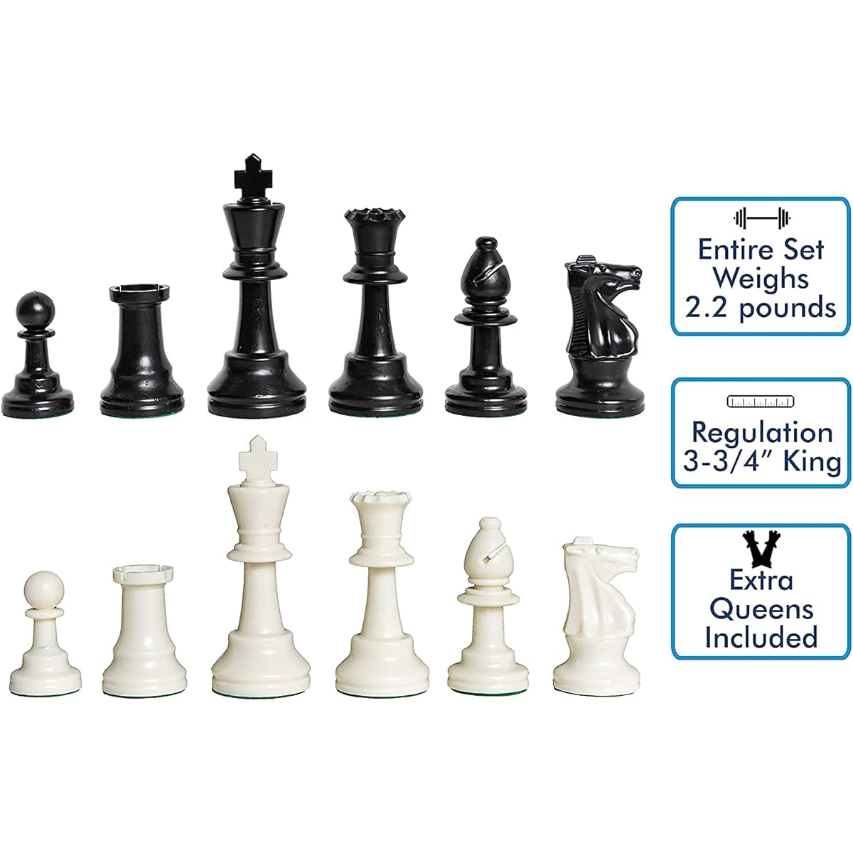 US Chess Federation Triple Weighted Tournament Staunton Black and White Plastic Chess Pieces - 3.75" King