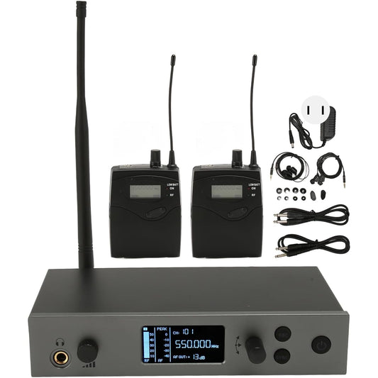 Wireless Earphone Monitor System, UHF Stereo Wireless In-Ear Monitor System with 2 Channels 2 Bodypacks, Rack Mountable, UHF Monitor Ear Return System for Stage Recording (US Plug)