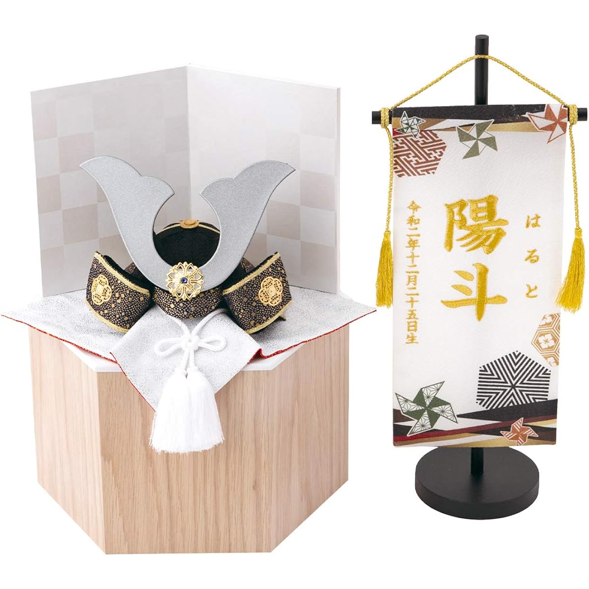 May Doll Compact Helmet Storage Decoration Gold Brocade Silver Helmet "Galaxy" Original Wooden Hexagonal Storage Box with Embroidered Name Flag Set [FUN fun]