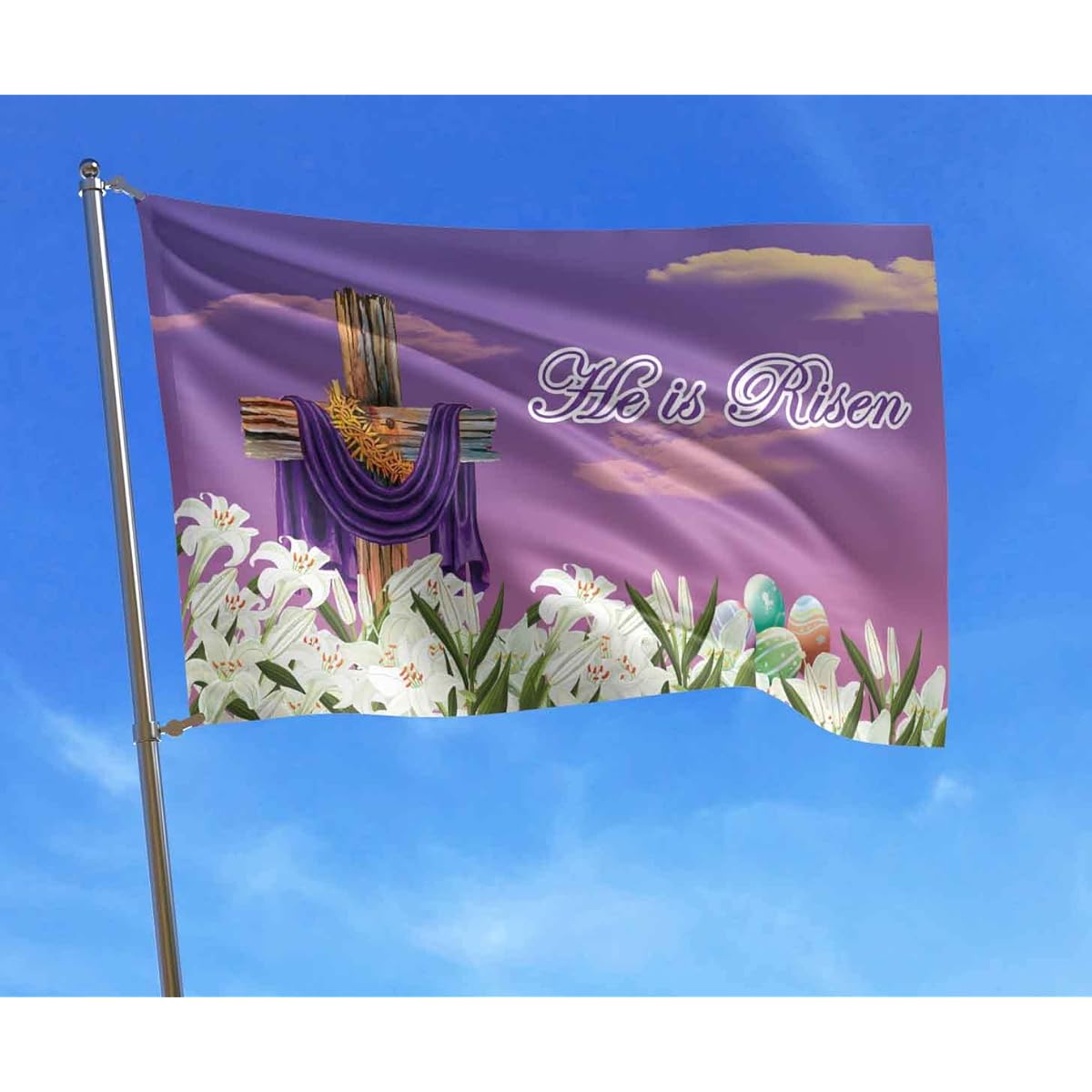 FLCHWY He is Risen Spring Easter Cross Flag Banner 3x5ft Easter Lily Cross Flag Spring Party Decoration Banner Flag Holiday Party Supplies Hanging Canvas Header Polyester Outdoor Decor with Brass Grommets