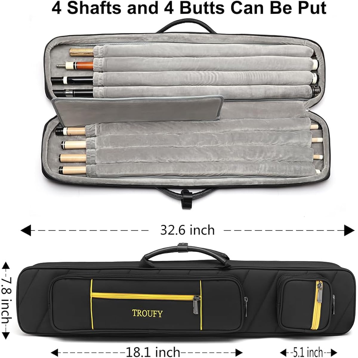 TROUFY Pool Cue Case Large Capacity 4x8/4x4 with Backpack Straps for 4 Butts and 8 Shafts/4B4S Billiard Cue Sticks