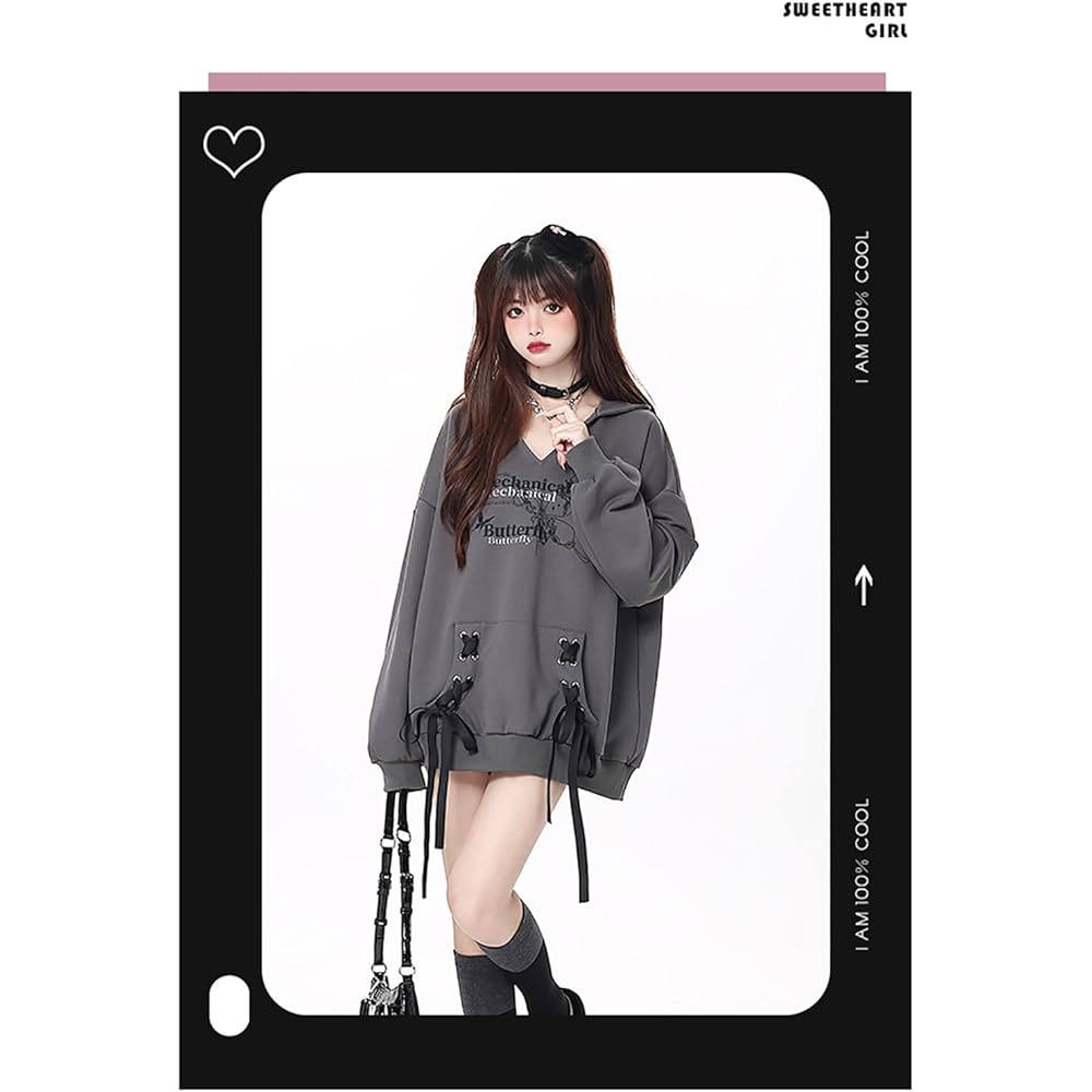 [TOWYYO] Sickly Cute Hoodie with Ribbon, Women's, Butterfly Pattern Print, V-Neck, Landmine, Subculture, Harajuku, Loose, Korean Fashion, Long Sleeve, Clothes, Stylish, Spring, Autumn, Winter