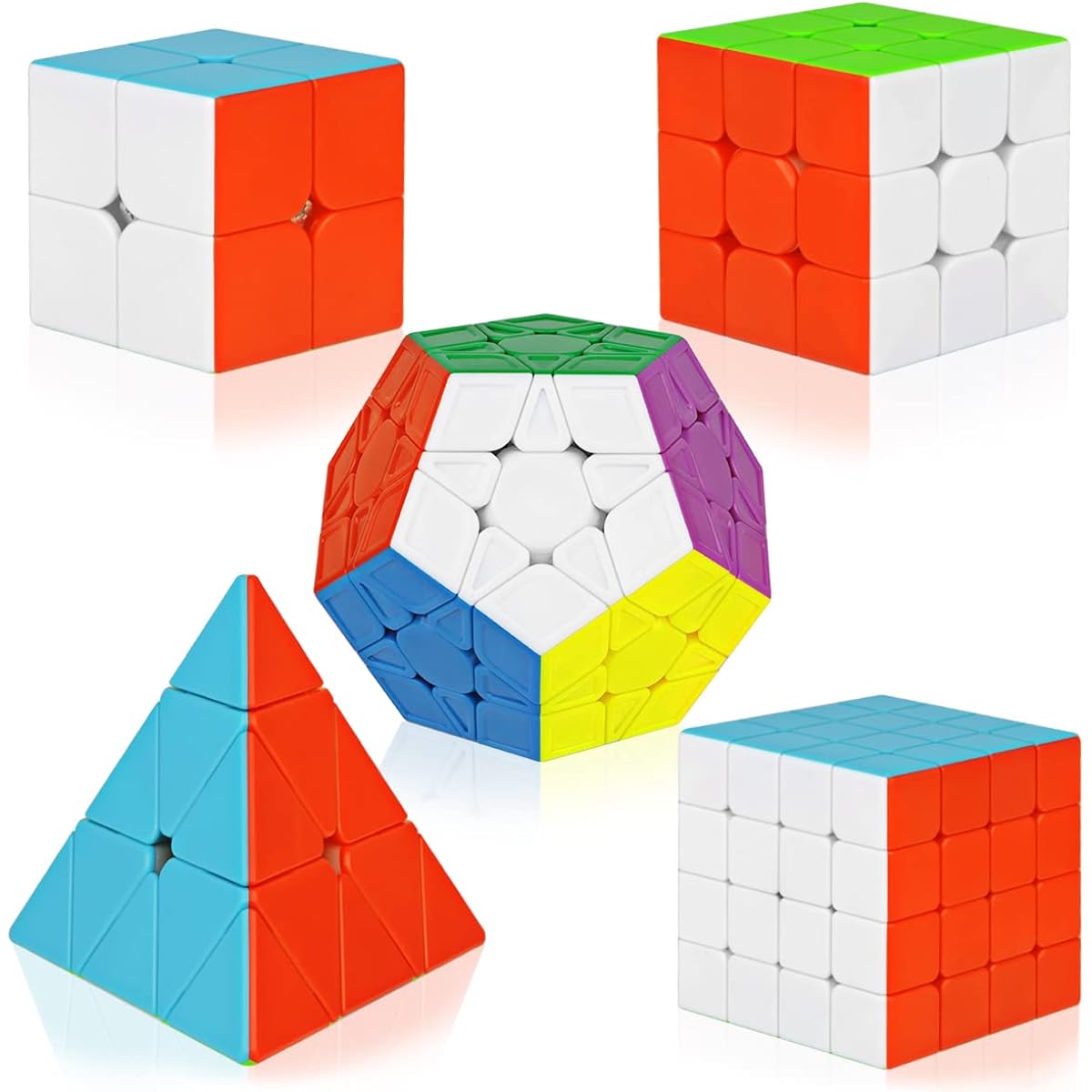 Speed Cube Set Magic Cube Set 5 Pack - 2x2x2 Pyramid 3x3x3 4x4x4 Megaminx Cube Collection Puzzle Toys for Kids